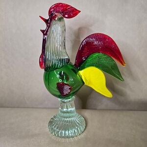 Large Green Art Glass Rooster Figurine Multicolor Murano Style Pedestal 10" Tall
